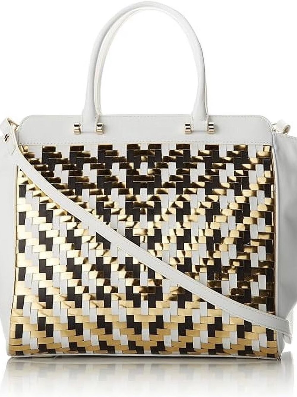 MILLY Dylan Leather Woven Tote, White, Gold